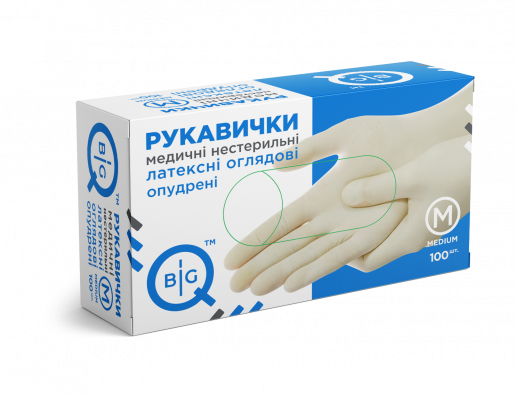 Рукавички медичні нестерильні латексні оглядові опудрені BigQ, M,100 шт