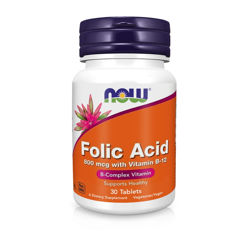 NOW Folic Acid – 800 мкг + B12, 30 таблеток